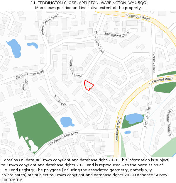 11, TEDDINGTON CLOSE, APPLETON, WARRINGTON, WA4 5QG: Location map and indicative extent of plot