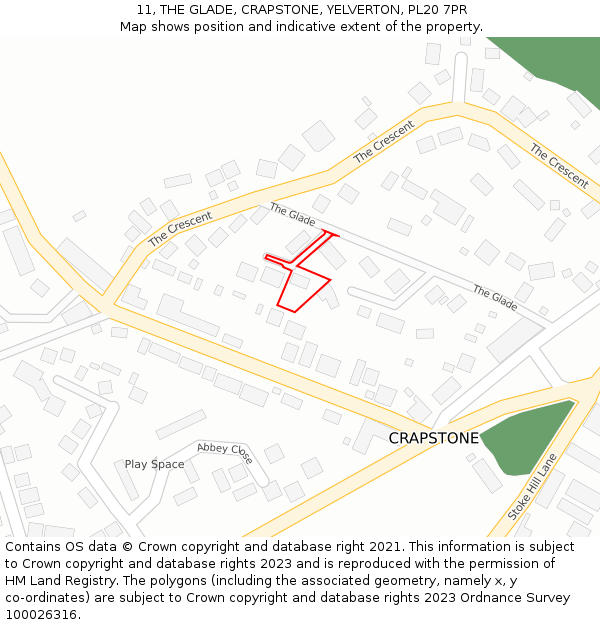 11, THE GLADE, CRAPSTONE, YELVERTON, PL20 7PR: Location map and indicative extent of plot