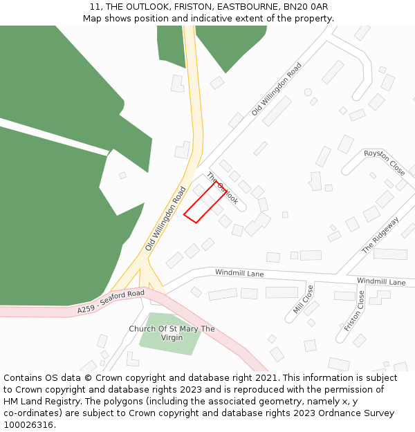 11, THE OUTLOOK, FRISTON, EASTBOURNE, BN20 0AR: Location map and indicative extent of plot