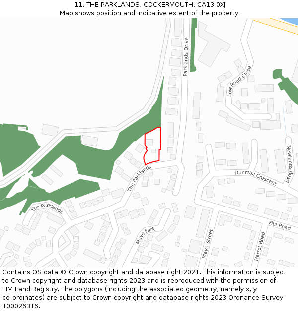 11, THE PARKLANDS, COCKERMOUTH, CA13 0XJ: Location map and indicative extent of plot