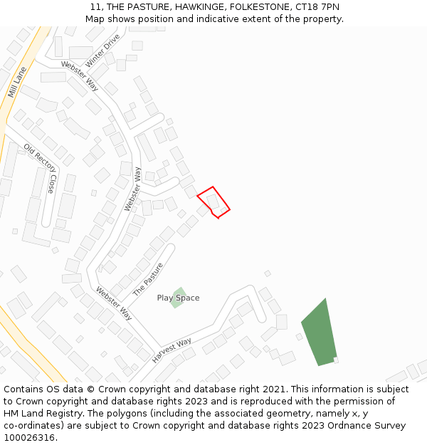 11, THE PASTURE, HAWKINGE, FOLKESTONE, CT18 7PN: Location map and indicative extent of plot