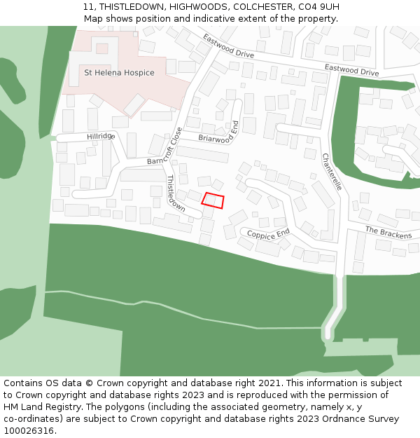 11, THISTLEDOWN, HIGHWOODS, COLCHESTER, CO4 9UH: Location map and indicative extent of plot