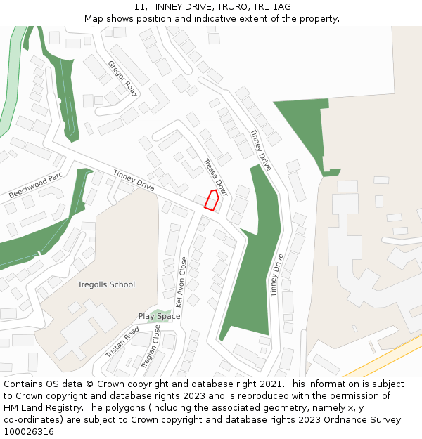 11, TINNEY DRIVE, TRURO, TR1 1AG: Location map and indicative extent of plot