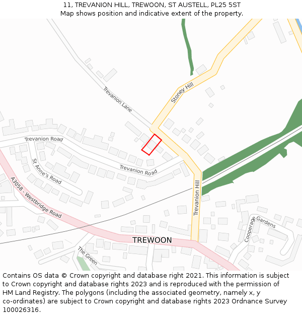 11, TREVANION HILL, TREWOON, ST AUSTELL, PL25 5ST: Location map and indicative extent of plot