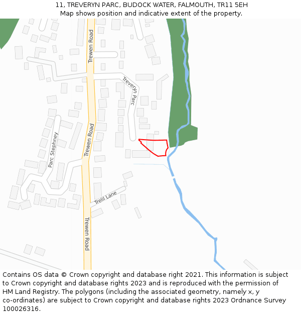 11, TREVERYN PARC, BUDOCK WATER, FALMOUTH, TR11 5EH: Location map and indicative extent of plot