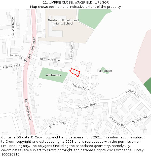 11, UMPIRE CLOSE, WAKEFIELD, WF1 3QR: Location map and indicative extent of plot