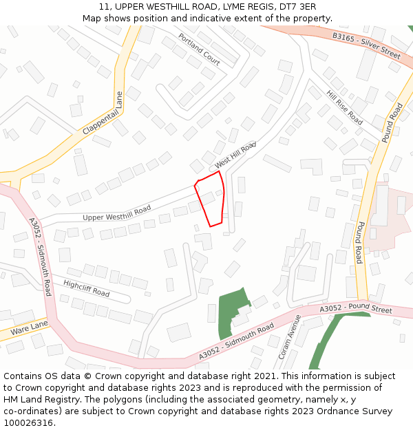 11, UPPER WESTHILL ROAD, LYME REGIS, DT7 3ER: Location map and indicative extent of plot