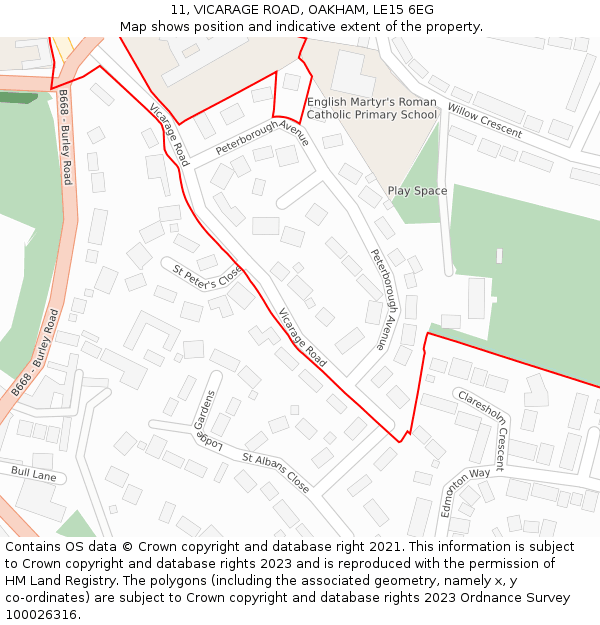 11, VICARAGE ROAD, OAKHAM, LE15 6EG: Location map and indicative extent of plot