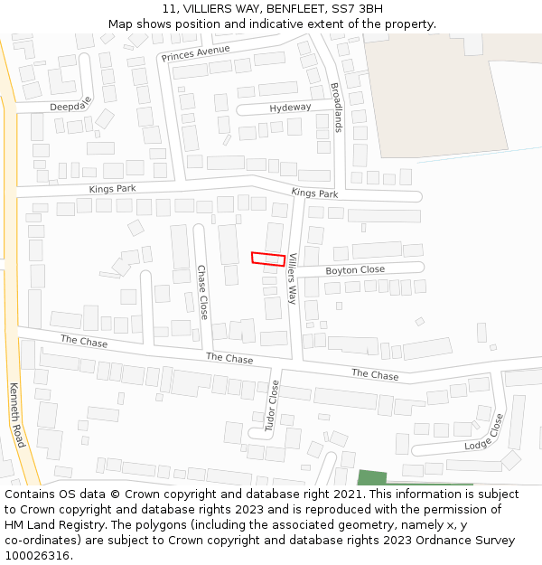 11, VILLIERS WAY, BENFLEET, SS7 3BH: Location map and indicative extent of plot