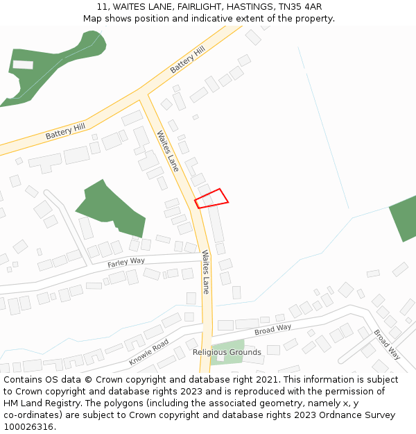 11, WAITES LANE, FAIRLIGHT, HASTINGS, TN35 4AR: Location map and indicative extent of plot