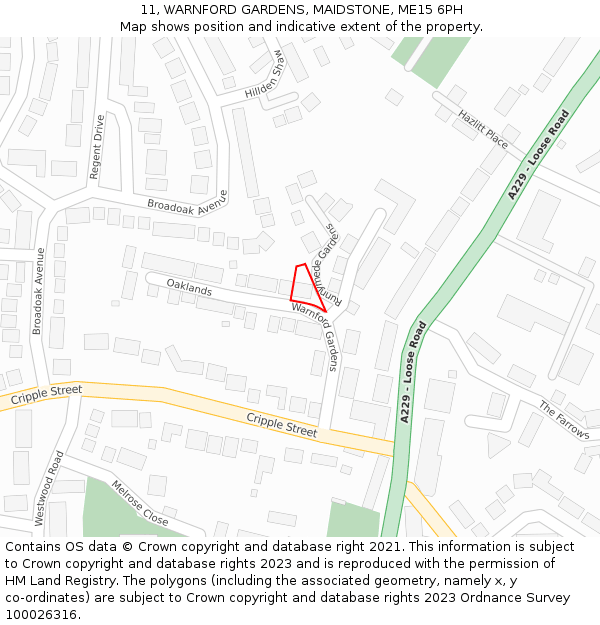 11, WARNFORD GARDENS, MAIDSTONE, ME15 6PH: Location map and indicative extent of plot