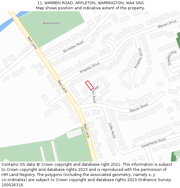 11, WARREN ROAD, APPLETON, WARRINGTON, WA4 5AG: Location map and indicative extent of plot