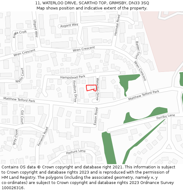 11, WATERLOO DRIVE, SCARTHO TOP, GRIMSBY, DN33 3SQ: Location map and indicative extent of plot