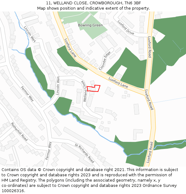 11, WELLAND CLOSE, CROWBOROUGH, TN6 3BF: Location map and indicative extent of plot