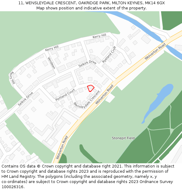 11, WENSLEYDALE CRESCENT, OAKRIDGE PARK, MILTON KEYNES, MK14 6GX: Location map and indicative extent of plot