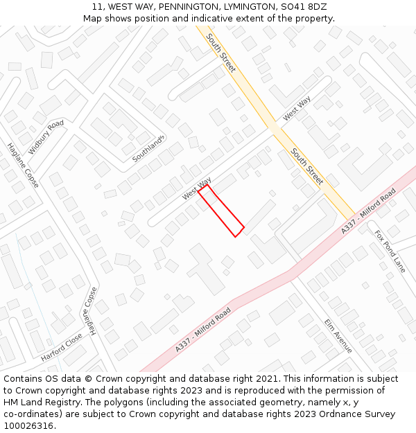 11, WEST WAY, PENNINGTON, LYMINGTON, SO41 8DZ: Location map and indicative extent of plot