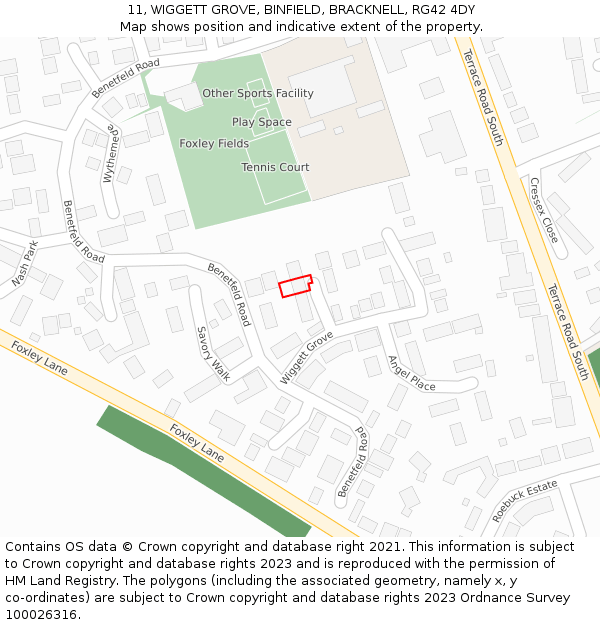 11, WIGGETT GROVE, BINFIELD, BRACKNELL, RG42 4DY: Location map and indicative extent of plot