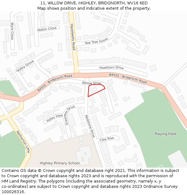 11, WILLOW DRIVE, HIGHLEY, BRIDGNORTH, WV16 6ED: Location map and indicative extent of plot