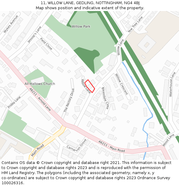 11, WILLOW LANE, GEDLING, NOTTINGHAM, NG4 4BJ: Location map and indicative extent of plot