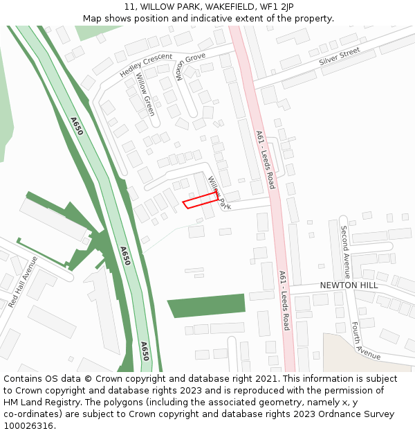 11, WILLOW PARK, WAKEFIELD, WF1 2JP: Location map and indicative extent of plot