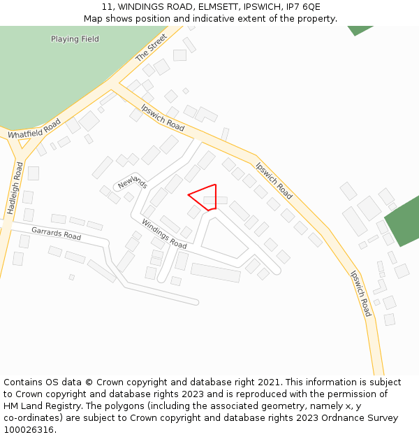 11, WINDINGS ROAD, ELMSETT, IPSWICH, IP7 6QE: Location map and indicative extent of plot