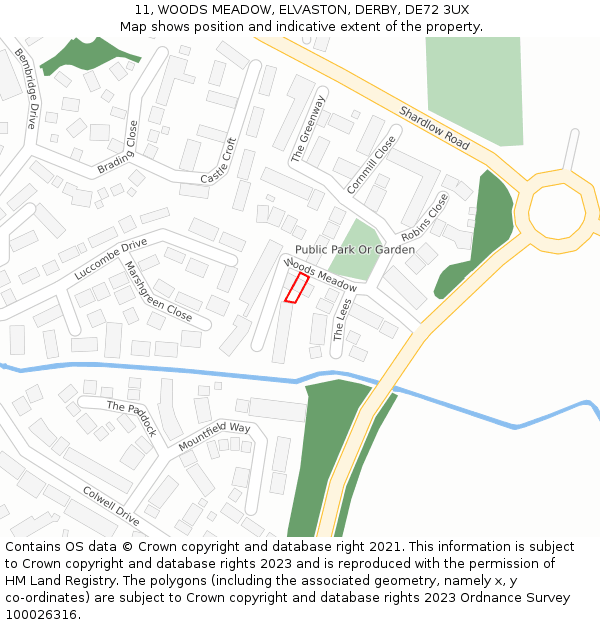 11, WOODS MEADOW, ELVASTON, DERBY, DE72 3UX: Location map and indicative extent of plot