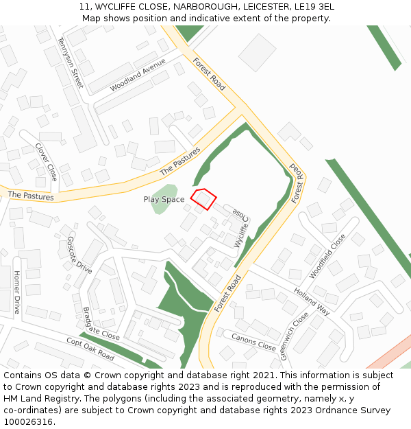 11, WYCLIFFE CLOSE, NARBOROUGH, LEICESTER, LE19 3EL: Location map and indicative extent of plot