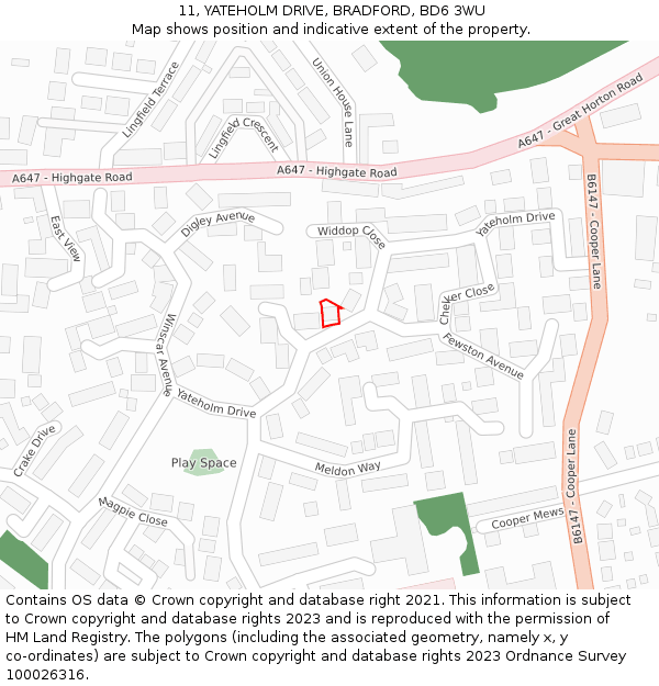 11, YATEHOLM DRIVE, BRADFORD, BD6 3WU: Location map and indicative extent of plot