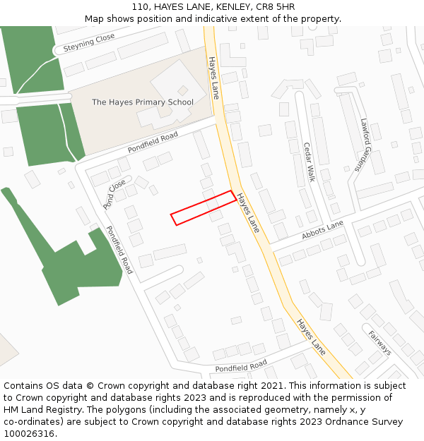 110, HAYES LANE, KENLEY, CR8 5HR: Location map and indicative extent of plot