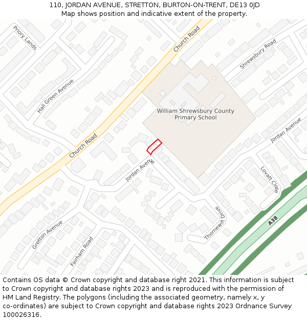 110, JORDAN AVENUE, STRETTON, BURTON-ON-TRENT, DE13 0JD: Location map and indicative extent of plot