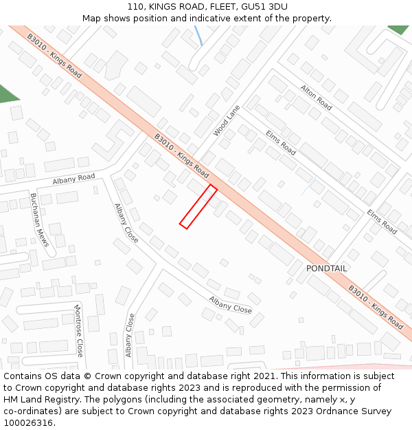 110, KINGS ROAD, FLEET, GU51 3DU: Location map and indicative extent of plot