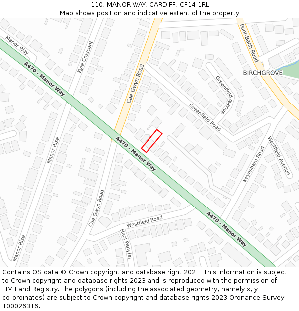 110, MANOR WAY, CARDIFF, CF14 1RL: Location map and indicative extent of plot