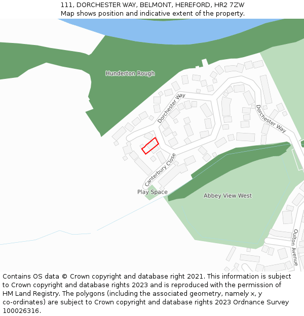 111, DORCHESTER WAY, BELMONT, HEREFORD, HR2 7ZW: Location map and indicative extent of plot