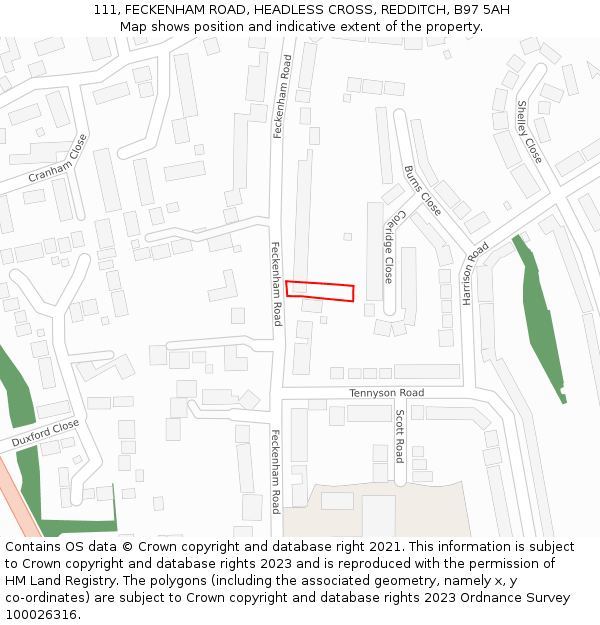 111, FECKENHAM ROAD, HEADLESS CROSS, REDDITCH, B97 5AH: Location map and indicative extent of plot