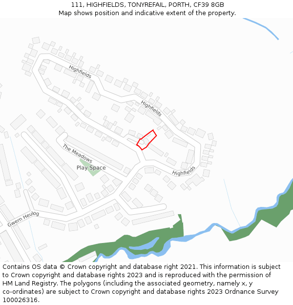 111, HIGHFIELDS, TONYREFAIL, PORTH, CF39 8GB: Location map and indicative extent of plot