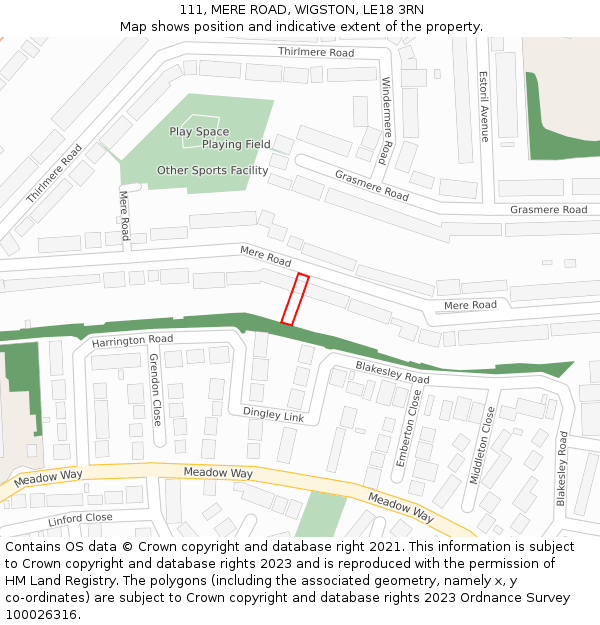 111, MERE ROAD, WIGSTON, LE18 3RN: Location map and indicative extent of plot