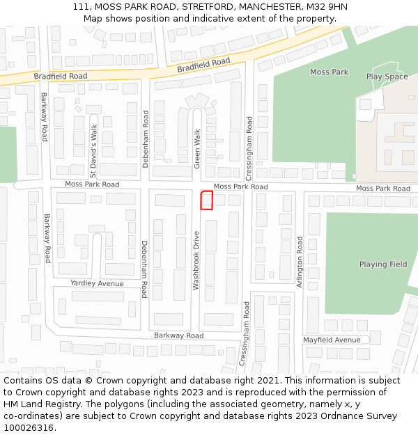 111, MOSS PARK ROAD, STRETFORD, MANCHESTER, M32 9HN: Location map and indicative extent of plot