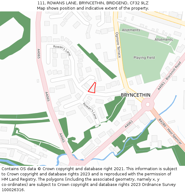 111, ROWANS LANE, BRYNCETHIN, BRIDGEND, CF32 9LZ: Location map and indicative extent of plot