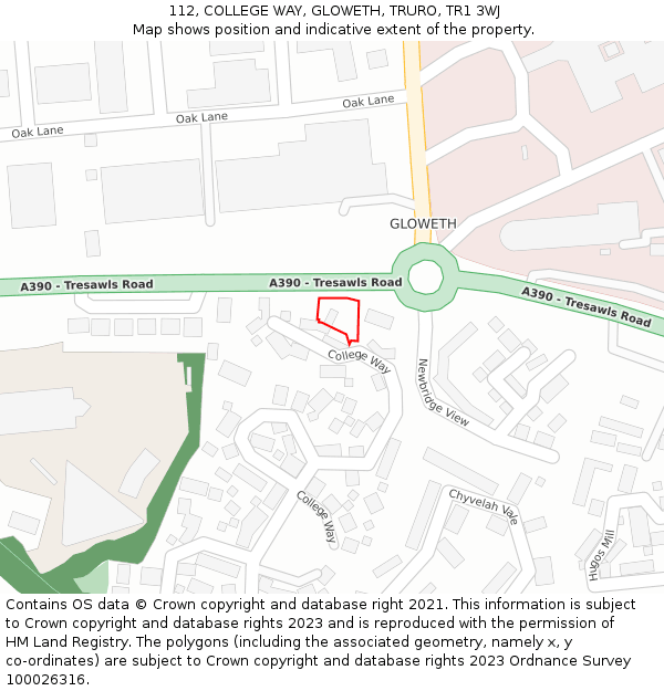 112, COLLEGE WAY, GLOWETH, TRURO, TR1 3WJ: Location map and indicative extent of plot