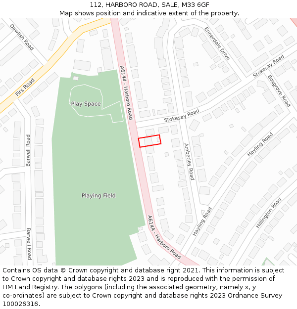 112, HARBORO ROAD, SALE, M33 6GF: Location map and indicative extent of plot