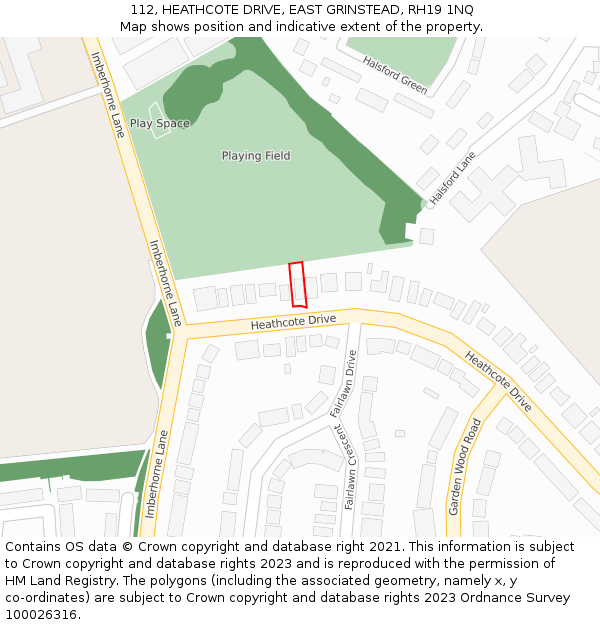 112, HEATHCOTE DRIVE, EAST GRINSTEAD, RH19 1NQ: Location map and indicative extent of plot