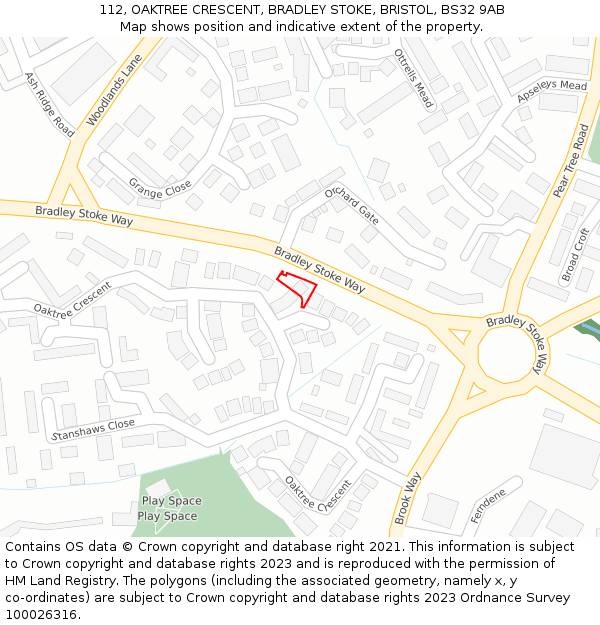 112, OAKTREE CRESCENT, BRADLEY STOKE, BRISTOL, BS32 9AB: Location map and indicative extent of plot