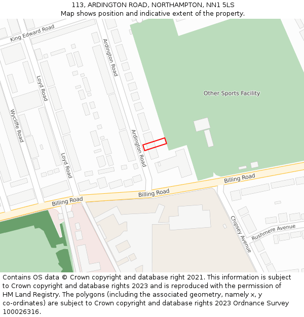 113, ARDINGTON ROAD, NORTHAMPTON, NN1 5LS: Location map and indicative extent of plot