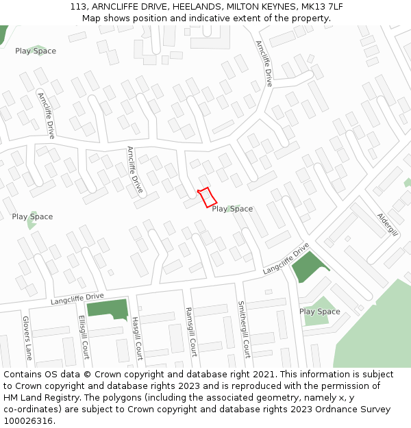 113, ARNCLIFFE DRIVE, HEELANDS, MILTON KEYNES, MK13 7LF: Location map and indicative extent of plot