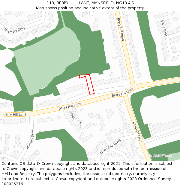 113, BERRY HILL LANE, MANSFIELD, NG18 4JS: Location map and indicative extent of plot