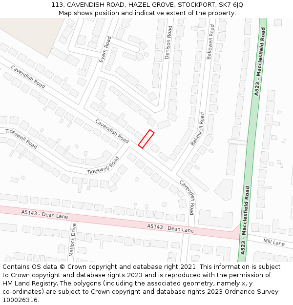 113, CAVENDISH ROAD, HAZEL GROVE, STOCKPORT, SK7 6JQ: Location map and indicative extent of plot