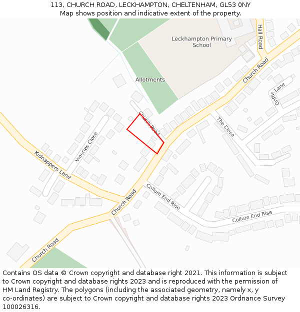 113, CHURCH ROAD, LECKHAMPTON, CHELTENHAM, GL53 0NY: Location map and indicative extent of plot