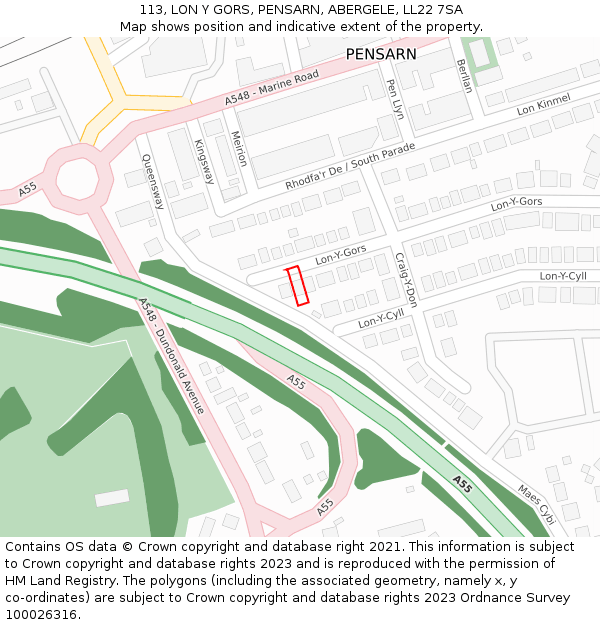 113, LON Y GORS, PENSARN, ABERGELE, LL22 7SA: Location map and indicative extent of plot