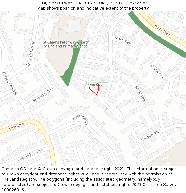 114, SAXON WAY, BRADLEY STOKE, BRISTOL, BS32 9AS: Location map and indicative extent of plot