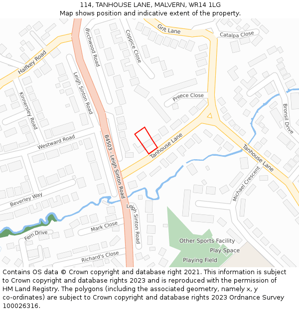 114, TANHOUSE LANE, MALVERN, WR14 1LG: Location map and indicative extent of plot